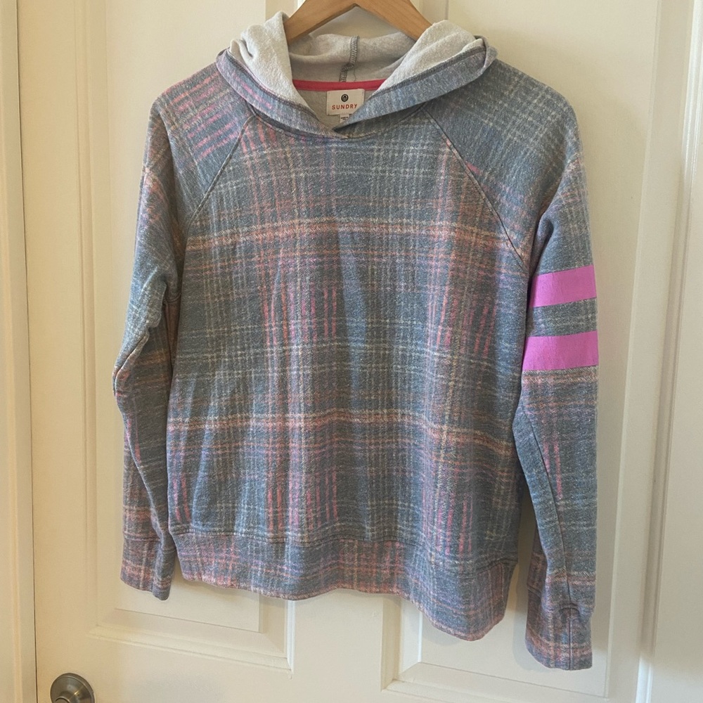 Anthropologie Sundry Stripes Plaid Pink Petal Hoodie Size 0 XS Womens - Picture 3 of 7